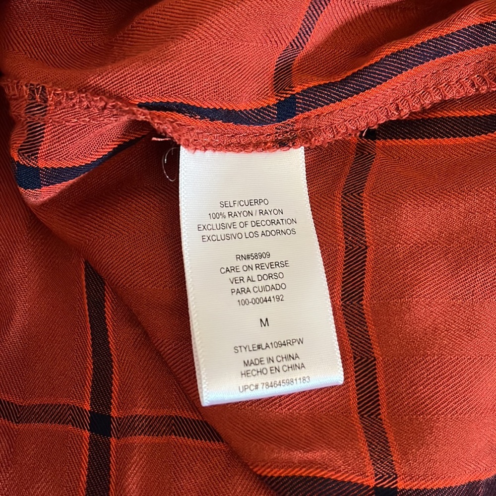 Gibson Latimer Burnt Orange & Navy Plaid LS Shirt w/Flutter Sleeves - Size M - Picture 4 of 4
